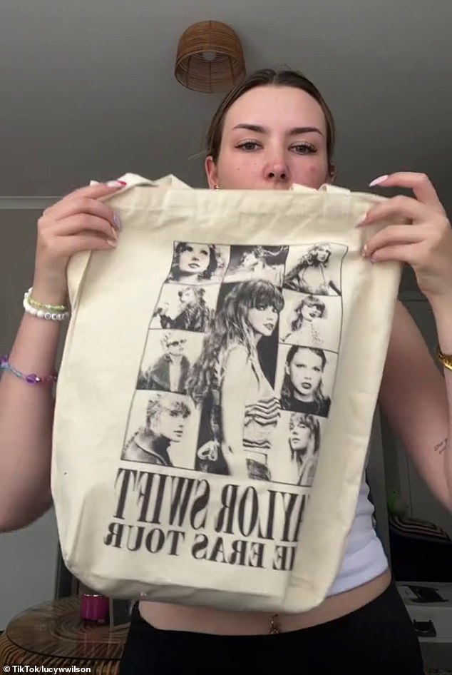 Lucy said she was allowed to bring her Taylor Swift tote bag, which is slightly larger than the A4 size requirements and even fits a spare pair of shoes, a jumper and a pair of leggings inside.