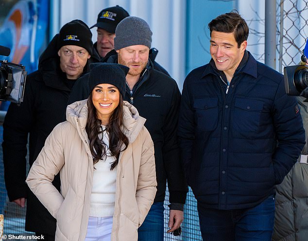 Prince Harry and Meghan Markle with ABC host Will Reeve in Whistler