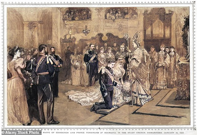 The 1893 wedding of Princess Mary of Edinburgh and Prince Ferdinand of Romania in Sigmaringen, southern Germany.