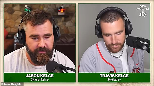 Jason Kelce shouted into the microphone as Travis stumbled over his words in the New Heights pilot.