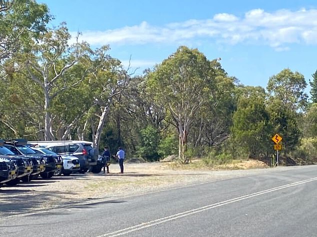 Their bodies were allegedly buried under a mound of earth (pictured, to the right of the police officer) along a road in Bungonia. Police had unknowingly walked past the bodies several times earlier in the week during a search at another property about 20 minutes to the south.