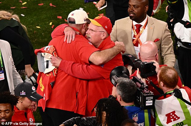 Kansas City Chiefs coach Andy Reid celebrates after winning his third Super Bowl with the team.