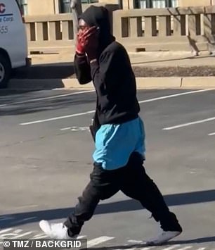 Separate images show the man in a black hoodie leaving the scene with his hand covered in blood as he clutches his face.