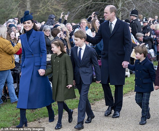 The Princess of Wales and Prince William with Prince Louis, Prince George and Princess Charlotte attend the Christmas Day service at St Mary Magdalene' Church