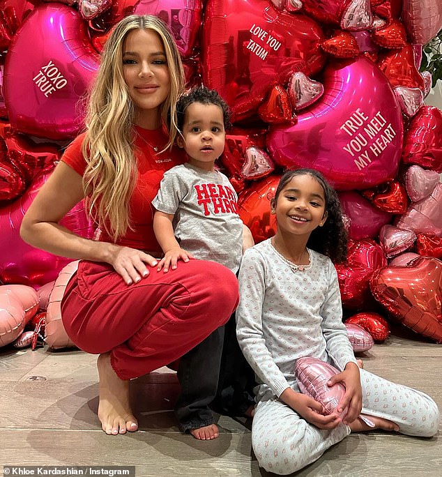 Khloé celebrated Valentine's Day on Wednesday with personalized party balloons for her daughter True, 5, and son Tatum, 18 months.