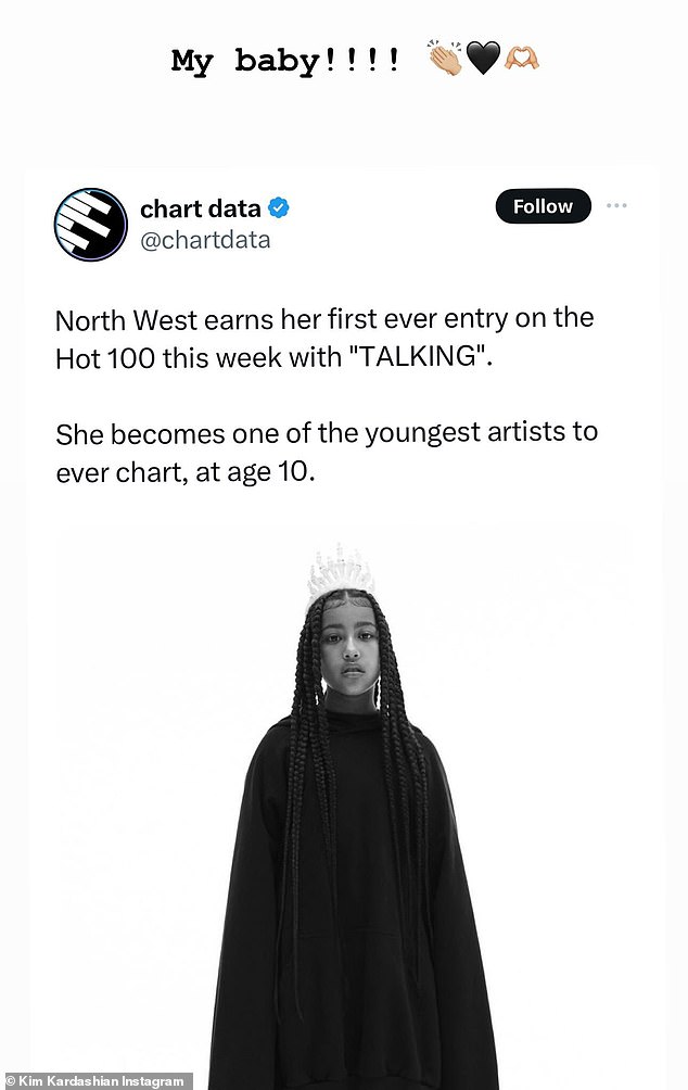 Kim Kardashian shared an X post on her Instagram Stories on Wednesday, praising her daughter North West for a new milestone: becoming one of the youngest music artists to appear on Billboard's Hot 100.