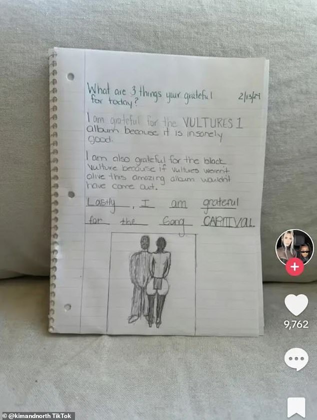 Kim Kardashian's daughter shared a now-deleted Tiktok post that features a list of what she's grateful for, as well as a drawing of her stepmom Bianca Censori wearing next to nothing.