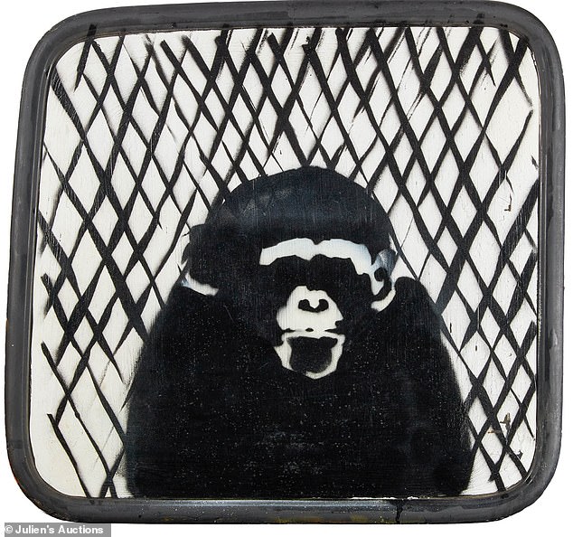 Pictured: Stencil painting from Banksy's 'Police Van Chimp' exhibition about the London turf war, which sold for $222,250 at Thursday's auction.