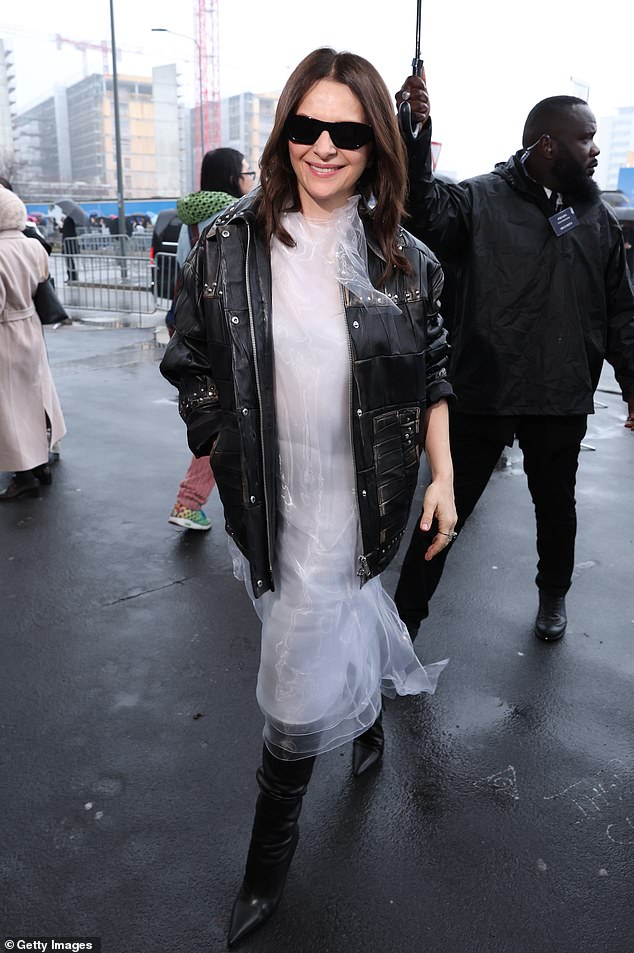Juliette Binoche, 59, wore a similar dress to Caroline's, but paired the look with pointy boots and a sturdy leather jacket with buckles and zippers.