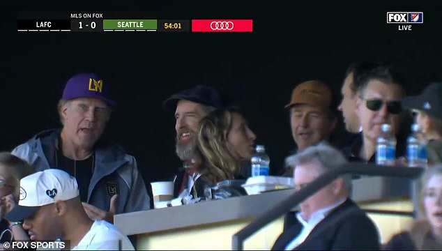 Will Ferrell chats with Brendan Hunt and Jason Sudeikis at LAFC's opening match of the 2024 MLS season