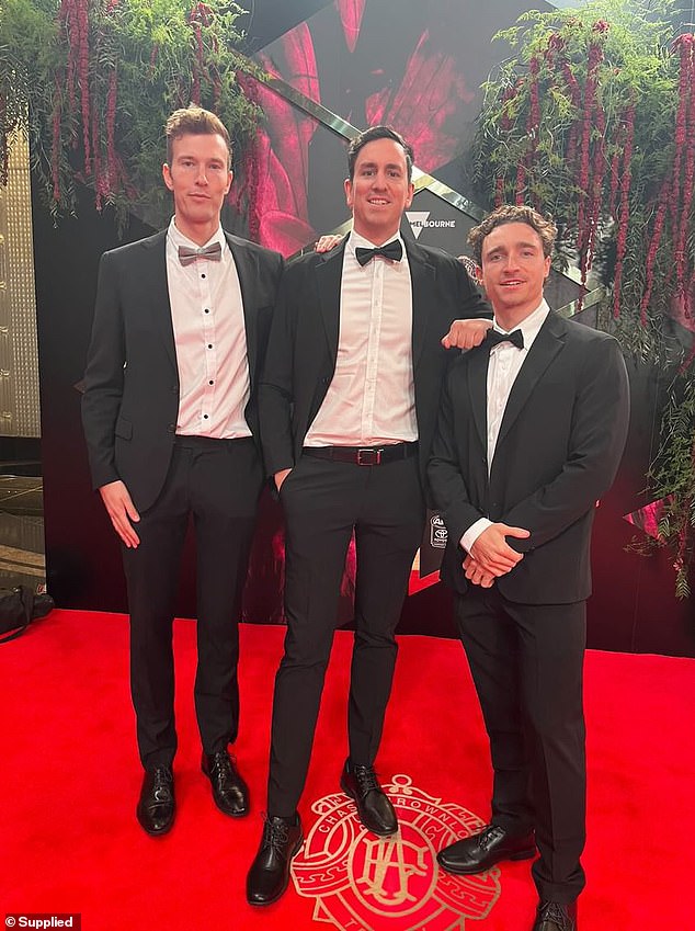 Josh Garlepp (left), Giorgio Savini (right) and five other Australian friends got creative to make Harry Fitzgerald (center) the best voice note for Hinge.