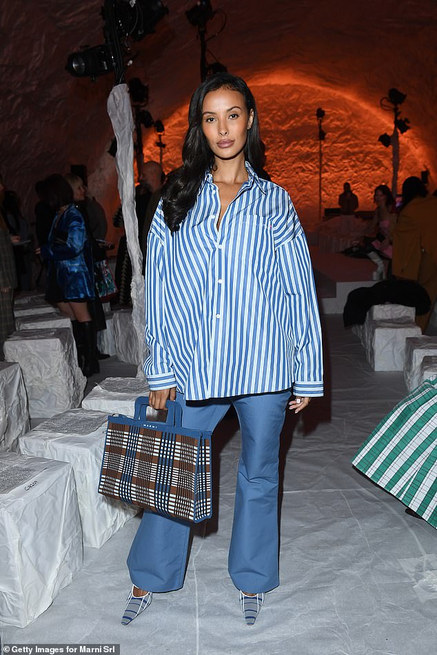 Maya Jama sported a stylish look in an oversized shirt while attending the Marni show during Milan Fashion Week on Friday.
