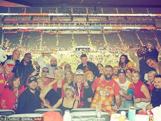 Miles Teller shared a star-studded group photo from Travis Kelce's $1 million Super Bowl VIP suite