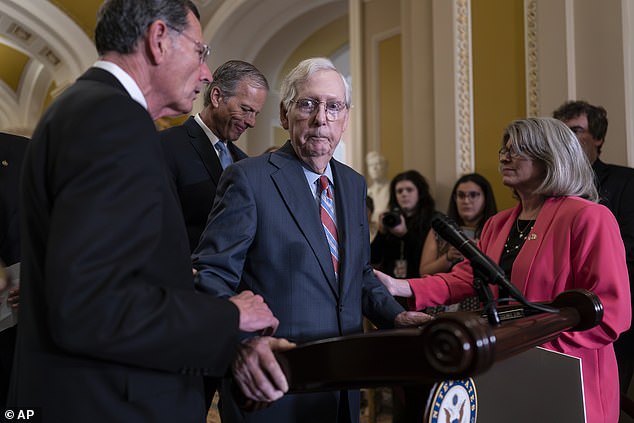 McConnell suddenly stopped speaking and had to be helped away from the podium by his fellow senators during his news conference at the Capitol on July 26, 2023.