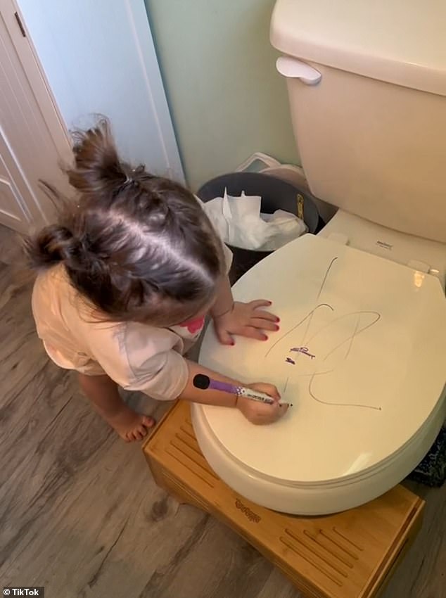 The mother recommended letting her son color the toilet with a dry erase marker when he needs to shower. She said it cleans up easily with a paper towel.