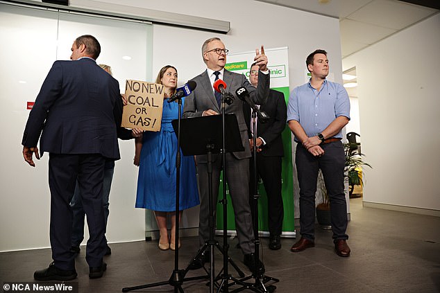 Premier Anthony Albanese's press conference was disrupted by protesters on the New South Wales Central Coast, but he appeared unfazed.