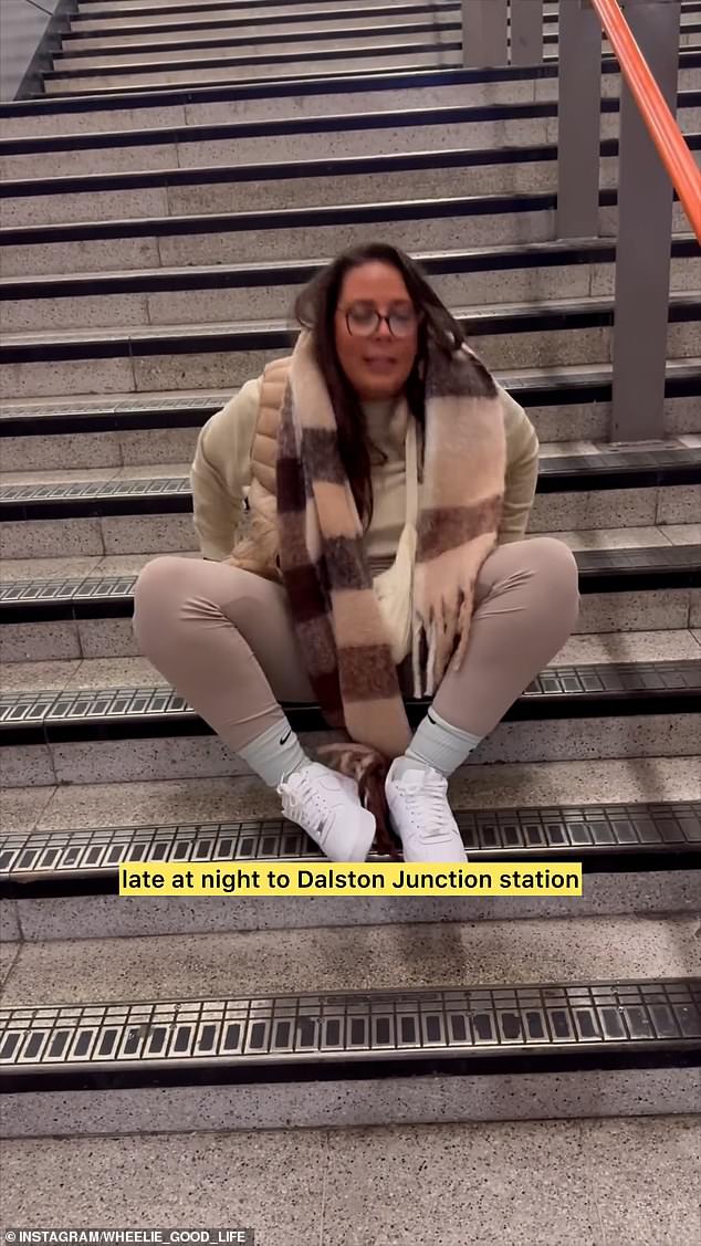 Wheelchair user Jennie Berry had to drag her feet up a flight of stairs due to a broken lift at Dalston Junction station in London.
