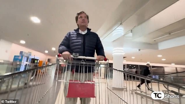 Where was Carlson's new moral clarity when he posted videos this week from inside a Moscow subway and a grocery store (above) glorifying Putin's Russia and comparing it unfavorably to the United States?