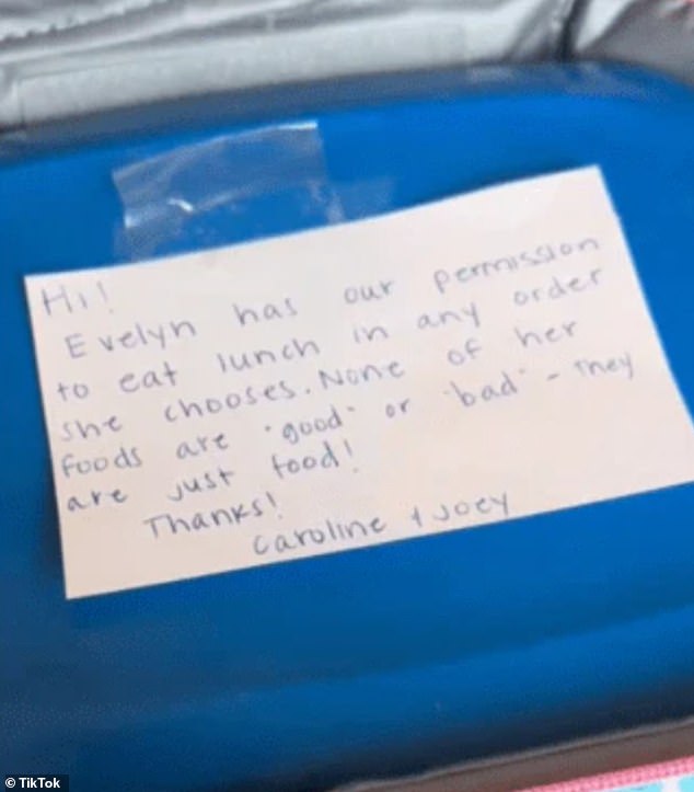 A mother left her daughter's teacher a firm note in her lunchbox.