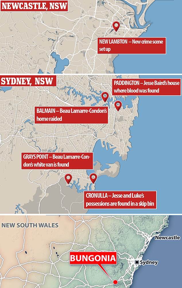 Police allege Lamarre-Condon shot the couple in Sydney before making two trips to hide their bodies at two locations in Bungonia (pictured is a map showing key locations in the case).