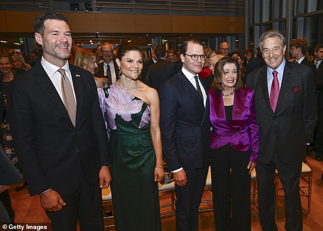 From left to right: Johan Forssell, Swedish Minister of International Development Cooperation and Foreign Trade, Crown Princess Victoria of Sweden, Prince Daniel of Sweden, Representative Nancy Pelosi and Paul Pelosi attend the opening reception of the new Consulate General of Sweden in San Francisco
