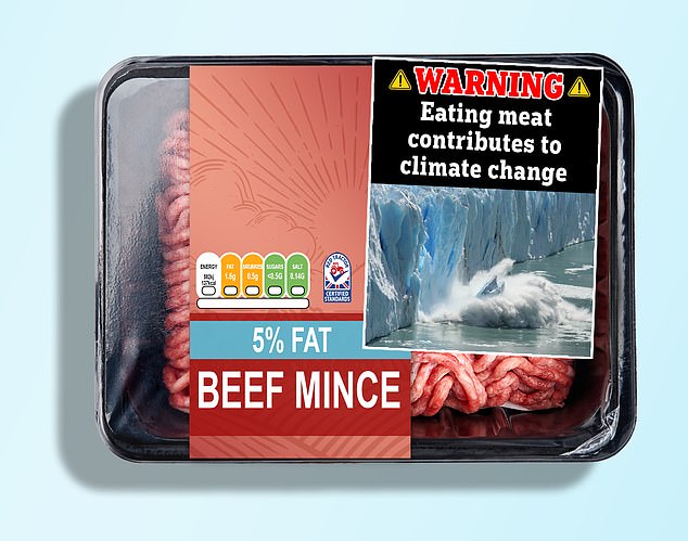 A mockup of what the warnings would look like if they were ever stuck on meat sold in stores.