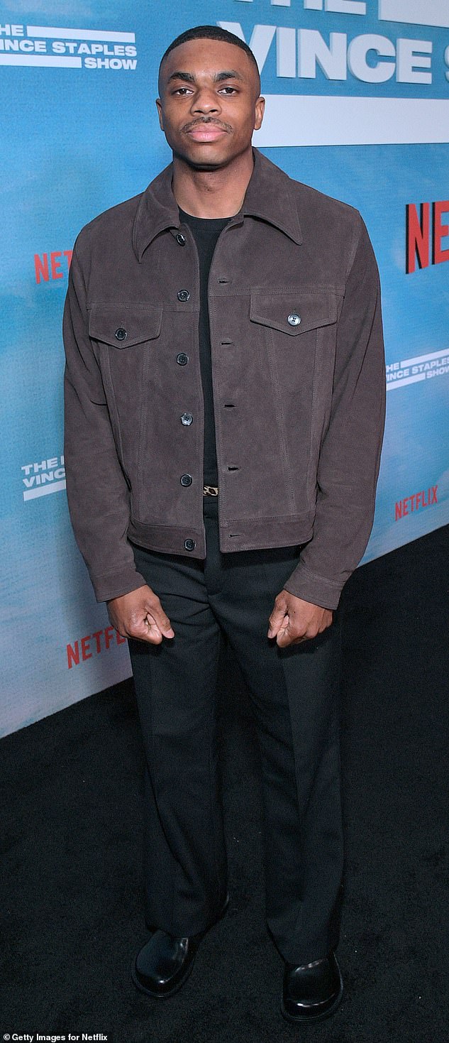 The Vince Staples Show hit gold on Rotten Tomatoes, achieving a rare 100 percent score, plus an astonishing 89 percent audience score (pictured: Vince Staples at the premiere of The Vince Staples Show on Netflix Tudum Theater of Los Angeles, February 12).