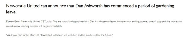 A statement on the club's website confirmed the decision to place Ashworth on gardening leave.