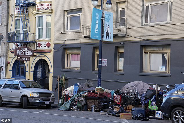 A homeless encampment is seen along Leavenworth Street in the Tenderloin district, just a few blocks from Powell.