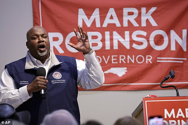 North Carolina Republican gubernatorial candidate Mark Robinson speaks at a rally on Friday, January 26, 2024 in Roxboro, North Carolina.