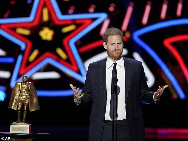 Prince Harry returned to the United States to present an NFL award just a day after leaving the United Kingdom following a brief meeting with his cancer-stricken father, King Charles III, and gave a joke-filled speech.