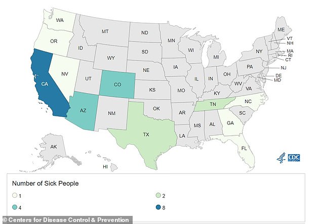 Americans in 11 states fell ill and two died.  The deaths occurred in California and Texas.