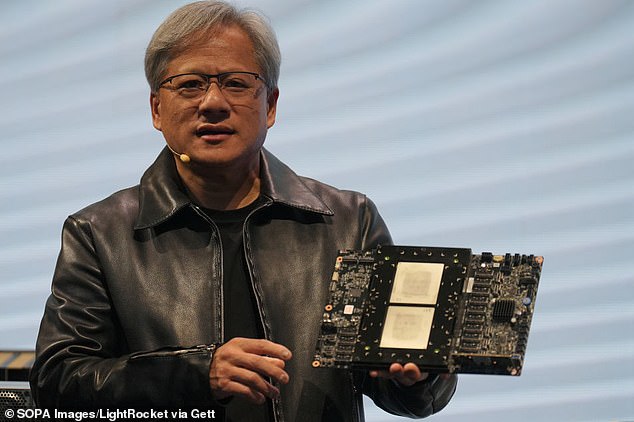 Nvidia president Jensen Huang holds the Grace hopper superchip CPU used for generative artificial intelligence