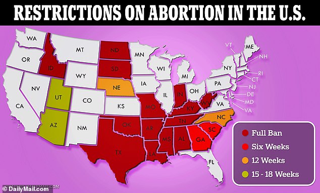 The map above shows abortion bans by state, including Oklahoma, where the procedure is prohibited in fertilization except in medical emergencies.