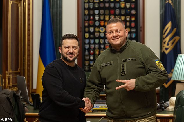 President Volodymyr Zelensky (left) shaking hands with Commander-in-Chief of the Armed Forces of Ukraine Valerii Zaluzhnyi.