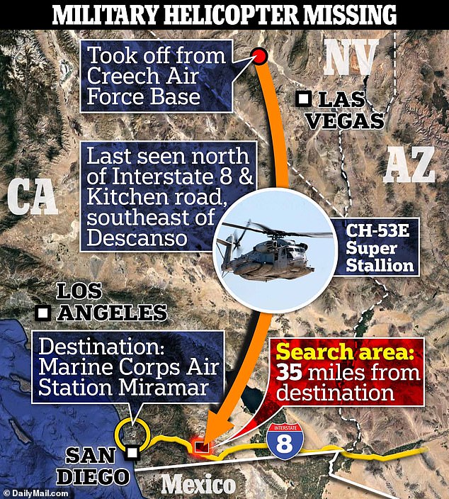 The Navy helicopter took off from Nevada to San Diego on Tuesday night.