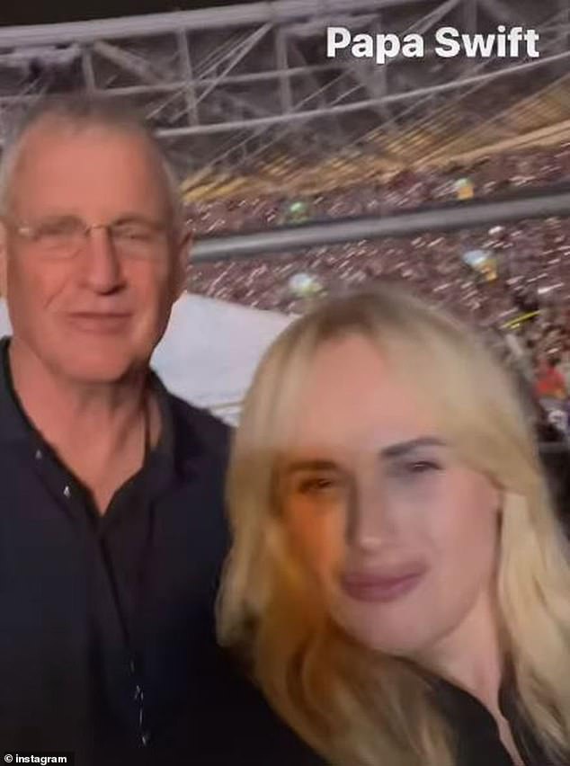 Rebel Wilson had a prime seat to watch Taylor Swift as the pop star took to the stage in Sydney for her second show at Accor Stadium on Saturday night.  The Australian actress even took a selfie with Taylor's father, Scott Swift, affectionately known to fans as 'Papa Swift.'  In the photo