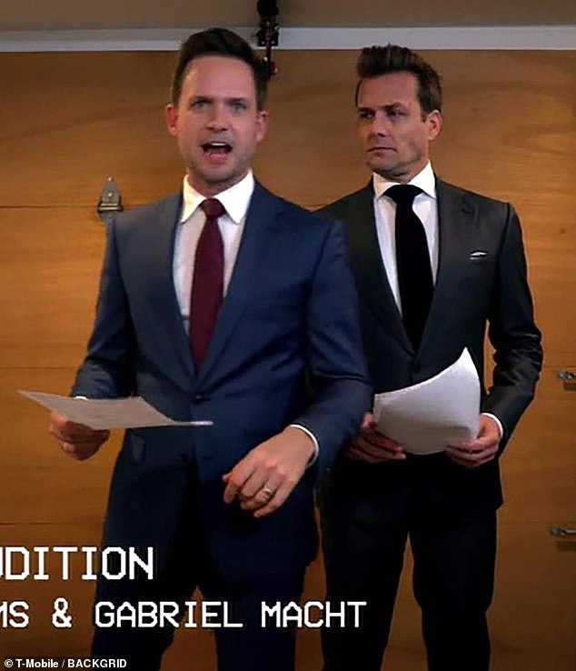 Speaking to The Hollywood Reporter on the set of T-Mobile's Super Bowl commercial, which features the duo (pictured), Suits stars Patrick J. Adams and Gabriel Macht were asked: ' Have you spoken to Meghan Markle recently?'
