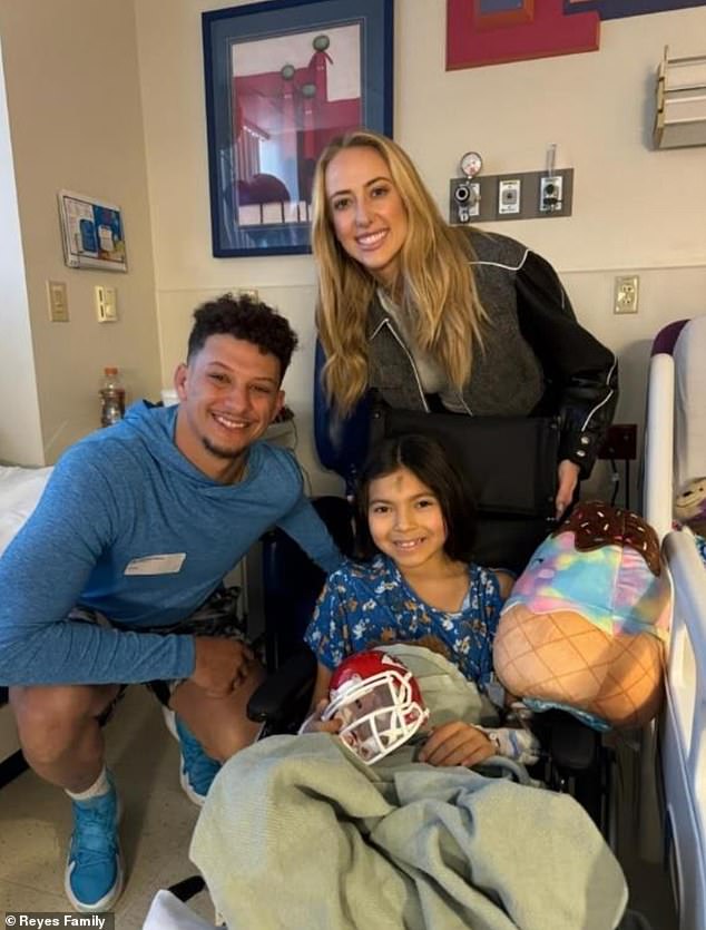 Patrick Mahomes and his wife Brittany visited Children's Mercy Hospital where 10-year-old Madison Reyes (pictured) and her younger sister are recovering from their gunshot wounds.