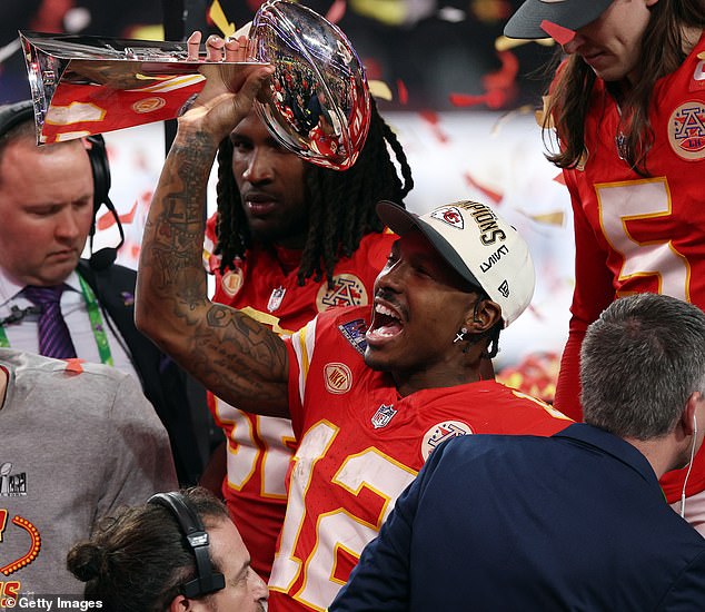 Chiefs wide receiver Mecole Hardman (12) apparently didn't know he had won the Super Bowl.