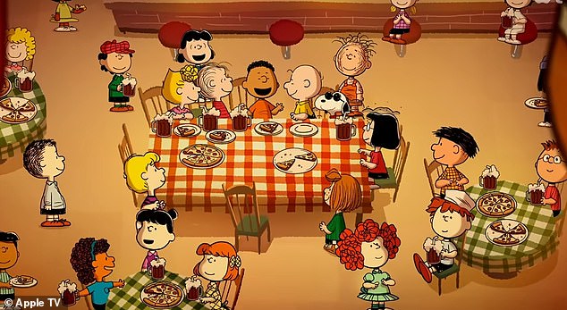 In the most recent Apple TV special, Franklin is seen interacting with the other characters on the same side of the table.