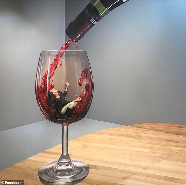 Her profile photo on her private Facebook page as of noon Monday was a woman inside a wine glass, drowning in red wine as she poured it from the bottle.