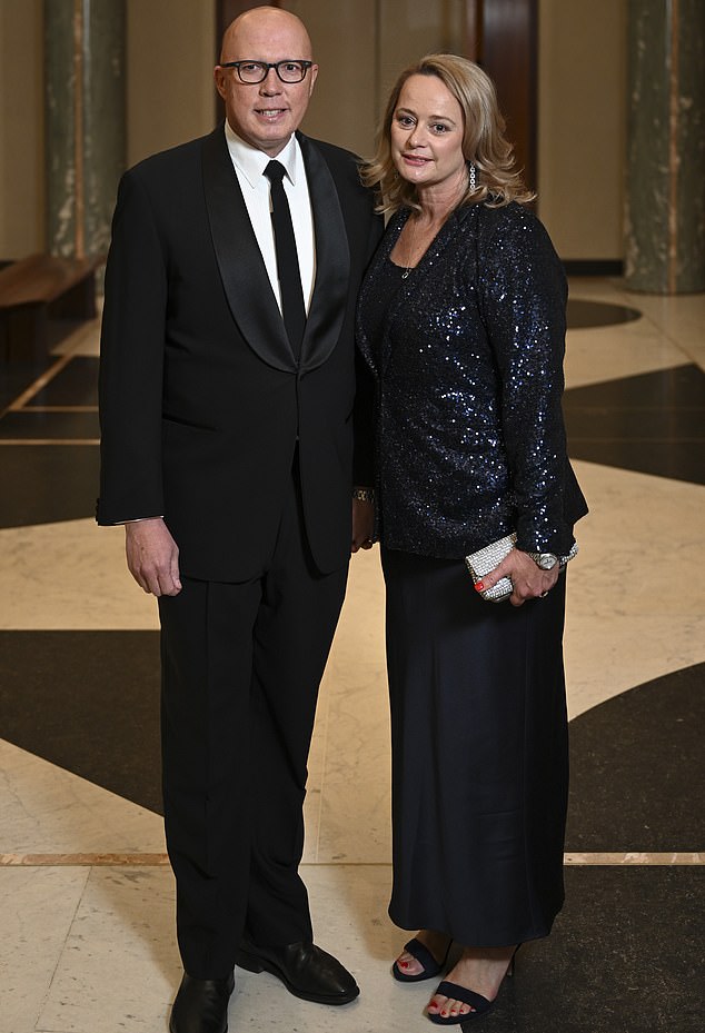 Liberal leader Peter Dutton (pictured with wife Krilly Dutton at last year's Midwinter Ball) has backed nuclear power to reduce Australia's greenhouse gas emissions.
