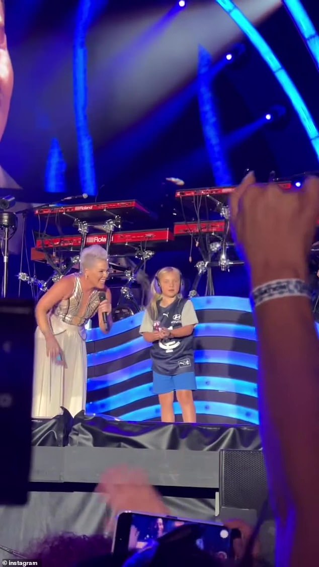 Pink has wowed audiences in Australia during her Down Under tour.  But it was the American pop star's son, Jameson, who caught the attention during his concert at Marvel Stadium on Saturday night.  Both in the photo