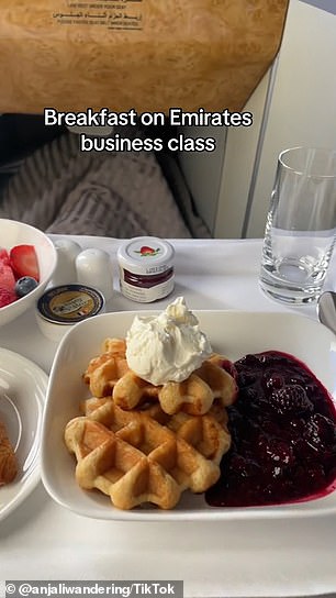 TikToker @anjaliwandering took a business class flight with Emirates and documented everything she ate while flying in the lap of luxury.