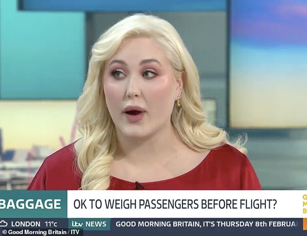 A debate broke out on GMB today as a plus-size model and a broadcaster clash over whether passengers should be weighed before a flight.  Hayley Hasselhoff, 31, said 