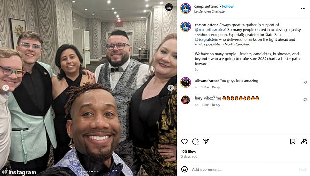 Turner pictured wearing a silver vest with his colleagues at the Human Rights Campaign's annual dinner held at Le Meridien Charlotte.  In his post, he wrote, in part, 
