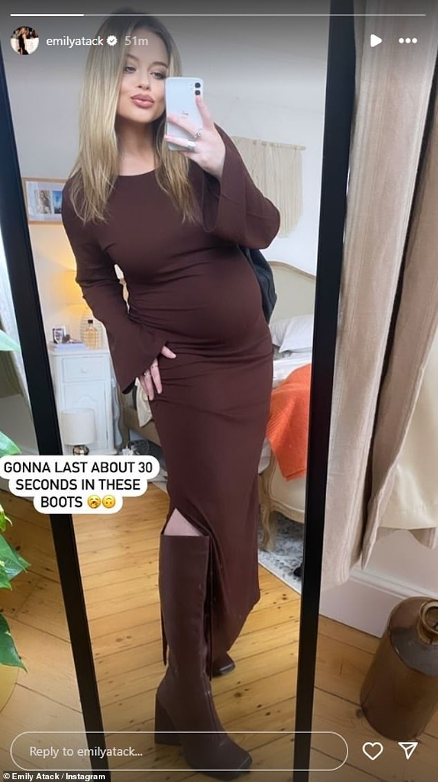 Pregnant Emily Atack, 34, showed off her burgeoning baby bump in a chic brown dress as she posed for a sexy Instagram photo on Wednesday.