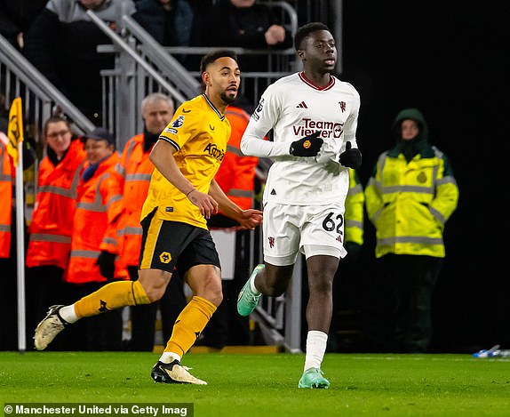 WOLVERHAMPTON, ENGLAND - FEBRUARY 1: Omari Forson of Manchester United in action during the Premier League match between Wolverhampton Wanderers and Manchester United at Molineux on February 1, 2024 in Wolverhampton, England. (Photo by Ash Donelon/Manchester United via Getty Images)