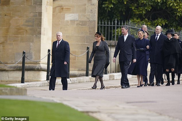 Prince Andrew was seen leading members of the Royal Family in a thanksgiving service at Windsor Castle for the late King Constantine of Greece.